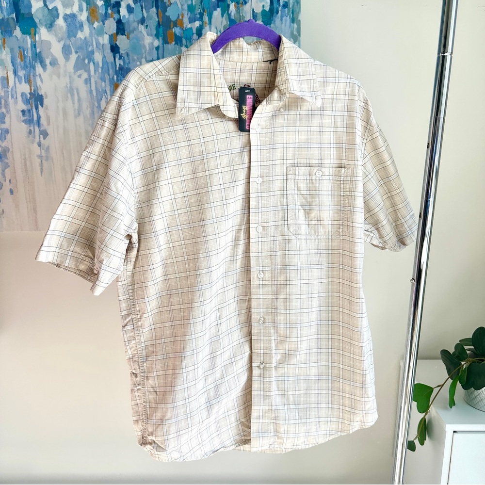 Vintage Tan Plaid Short Sleeve Button Up (L/XL)